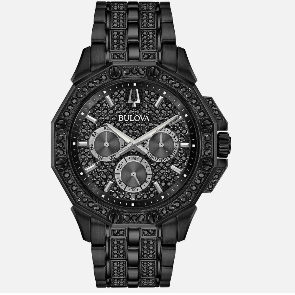Bulova Men's Crystal Day / Date Quartz Black Stainless Steel Watch 42 MM